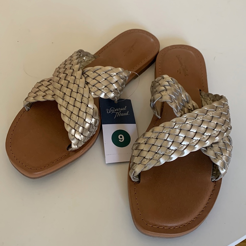 Gold crisscross slide sandals